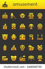 amusement icon set. 26 filled amusement icons.  Simple modern icons such as: Circus, Playground, Clown, Roller coaster, Ferris wheel, Slide, Carousel, Trapeze, Trampoline, Amusement park