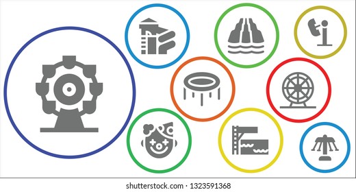 amusement icon set. 9 filled amusement icons.  Collection Of - Ferris wheel, Slide, Clown, Trampoline, Amusement park, Carousel