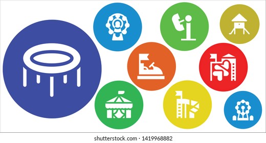 amusement icon set. 9 filled amusement icons.  Simple modern icons about  - Trampoline, Ferris wheel, Amusement park, Circus, Slide, Bumper car, Playground