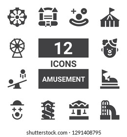 amusement icon set. Collection of 12 filled amusement icons included Slide, Carousel, Clown, Bumper car, Seesaw, Bouncy castle, Circus, Ferris wheel