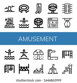amusement icon set. Collection of Seesaw, Waterpark, Trampoline, Leotard, Round up ride, Carousel, Inflatable, Claw machine, Monkey bars, Rope park, Water park, Bumper car icons