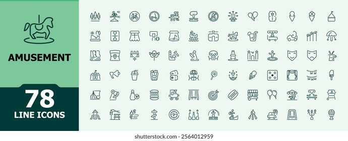 Amusement icon set. Includes thin line fun, magic, child, play, attraction, balloon, wheel and more. Set of minimalist line pictogram. Editable stroke. Vector illustration.