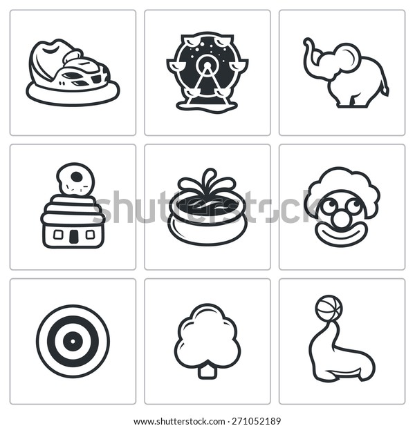 Amusement icons: bumper cars, carousel,\
elephant, house donut, fountain, clown,  shooting gallery, park,\
circus. Vector\
Illustration.