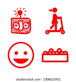amusement icons set with roller, simle face and robot head with an antenna vector set