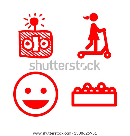 amusement icons set with roller, simle face and robot head with an antenna vector set