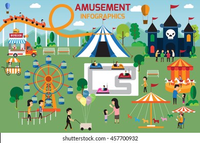 Amusement infographic elements flat vector design. People spend time relaxing in nature with parents and children are walking in the park. vector illustration.