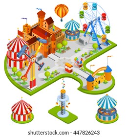 Amusement kids park isometric composition with medieval castle ferris wheel carousel circus tent in cartoon style vector illustration