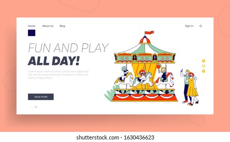 Amusement Kids Zone Website Landing Page. Happy Children Riding Merry-go-Round Entertainment Carousel in Park, Parents Making Photo Pictures Web Page Banner. Cartoon Flat Vector Illustration, Line Art