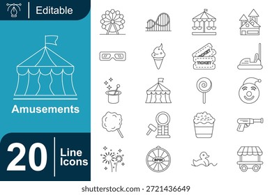 Conjunto de iconos de línea de entretenimiento con paseos en feria, entradas, refrigerios y símbolos de entretenimiento. Estilo de contorno mínimo con trazos limpios y formas simples, ideal para carteles, App móviles, Sitios web y proyectos de diseño creativo.