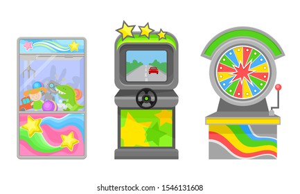 Amusement Machine Isolated on White Background Vector Set