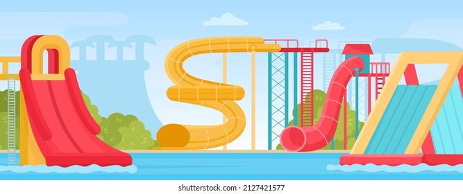 Amusement outdoor aquapark with water slides summer landscape. Cartoon family resort swimming pool with pipes and spiral tubes vector scene. Outdoor attraction for entertainment and fun