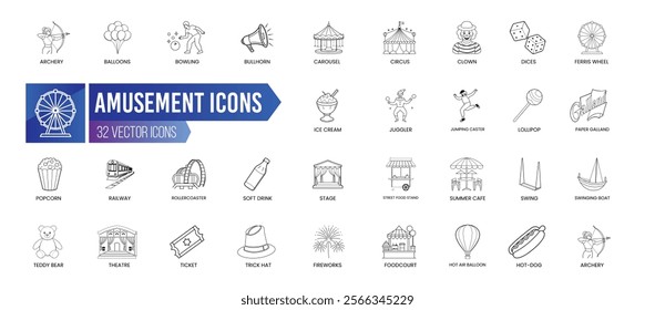 AMUSEMENT - Outline Icon Collection. Thin Line Set contains such Icons as Clown, Popcorn, Ice Cream, Railway, Fireworks, Paper Galland and more. Simple web icons set.