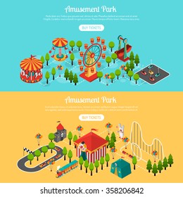 Amusement park 2 isometric interactive horizontal banners set with buy tickets online button abstract isolated vector illustration