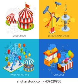 Amusement park 2x2 isometric design concept set of circus show extreme amusement family attractions and fun goods compositions vector illustration  
