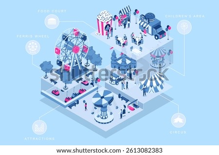 Amusement park 3d isometric concept for web design. People in isometry rooms riding at ferris wheel and attractions, eat at food court, visits circus, kids play in children area. Vector illustration.