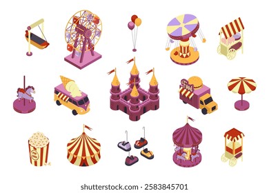 Amusement park 3d isometric mega set in flat design. Collection isometry elements of different carousels, ferris wheel, balloons, street food kiosk, magic castle, circus, other. Vector illustration.