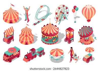 Amusement park 3d isometric set. Collection isolated flat elements of circus tent, clown, roller coaster attraction, ferris wheel, hot air balloon, street vendor kiosks, more. Vector illustration.