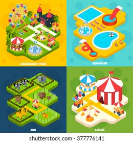 Amusement park with aqua attractions elements 4 isometric vector icons square composition banner abstract isolated vector illustration  