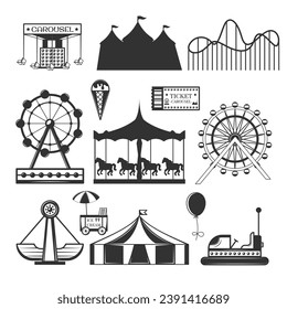 El parque de atracciones atrae la silueta blanca y negra aislada. Carnaval del festival de fondo de hadas, carrusel de circo y funferia, rotonda Rueda de la fortuna, rollercoaster playground ilustración vectorial