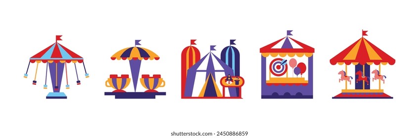 Amusement Park Attraction and Carousel as Festival Entertainment Vector Set