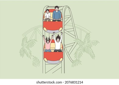 Amusement park and attraction concept. Afraid scared and happy excited people sitting and having fun or panic during attraction ride vector illustration 