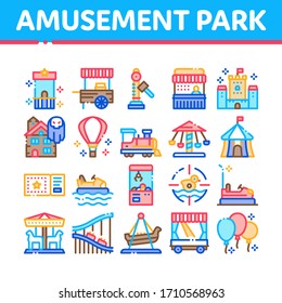 Amusement Park And Attraction Icons Set Vector. Castle And Train, Electrical Car And Boat, Ticket And Air Balloon Attraction Collection Concept Linear Pictograms. Color Illustrations