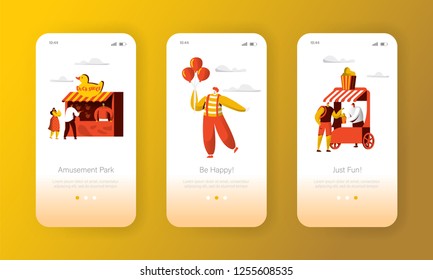 Amusement Park Attraction Mobile App Page Onboard Screen Set. Popcorn Store and Clown on Carnival Entertainment Concept for Website or Web Page. Flat Character Vector Illustration