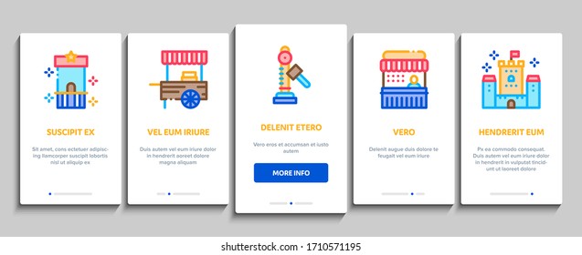 Amusement Park And Attraction Onboarding Mobile App Page Screen Vector. Castle And Train, Electrical Car And Boat, Ticket And Air Balloon Attraction Color Contour Illustrations