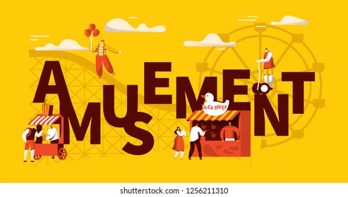 Amusement Park Attraction Poster. Happy Characters and Clown on Carnival. Entertainment Family Time Concept for Banner, Flyer, Advertising. Flat Vector Illustration
