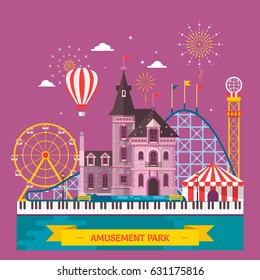 Amusement park with attraction and rollercoaster, tent with circus, carousel or round attraction, merry go round, ferris wheel Flat vector illustration