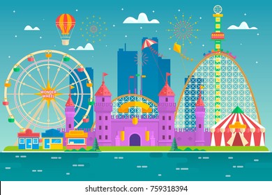 Amusement park with attraction and rollercoaster, tent with circus, carousel or round attraction, merry go round, ferris wheel Flat colorful vector illustration