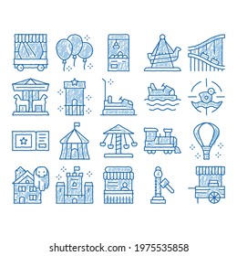 Amusement Park And Attraction sketch icon vector. Hand drawn blue doodle line art Castle And Train, Electrical Car And Boat, Ticket And Air Balloon Attraction Illustrations