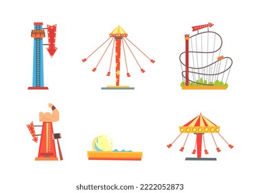 Amusement Park Attraction with Thrill Rides and Carousel for Entertainment Vector Set