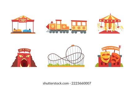 Amusement Park Attraction with Thrill Rides and Carousel for Entertainment Vector Set