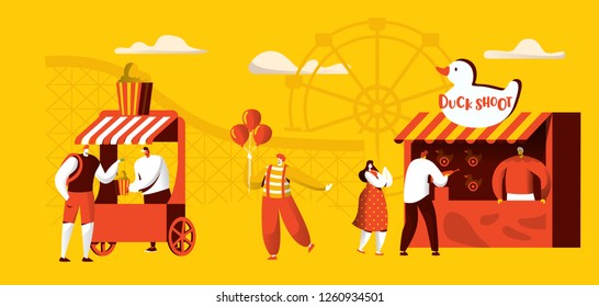 Amusement Park of Attractions Banner Template. Coaster rides, Circus Happy Clown Character with Balloon. Fun Entertainment Playground Flat Cartoon Vector Illustration