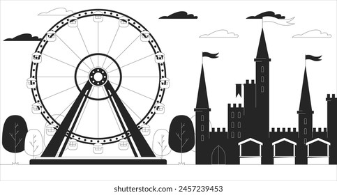 Amusement park attractions black and white line illustration. Ferris wheel and fairy tale castle 2D landscape monochrome background. Theme park for children and adults outline scene vector image