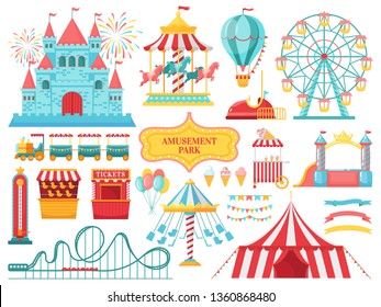 Amusement park attractions. Carnival kids carousel, ferris wheel attraction and amusing fairground entertainments. Circus festival, fair wheel and train. Isolated vector illustration icons set