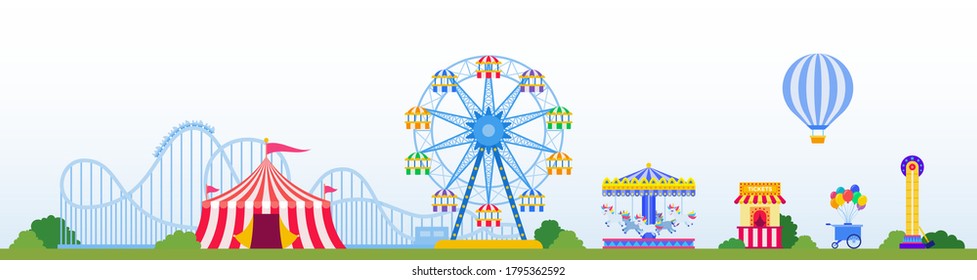 Amusement park with attractions, carousels, circus tent vector illustration in flat design