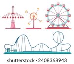 Amusement park attractions collection. Ferris wheel, roller coaster and carrousel illustrations