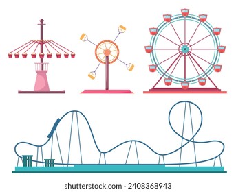 Amusement park attractions collection. Ferris wheel, roller coaster and carrousel illustrations