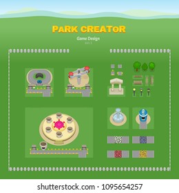 Amusement park. Attractions and decorative elements (Racing, spinning capsule, fountain, arch, paths). Game design 3D set. Vector Illustration.