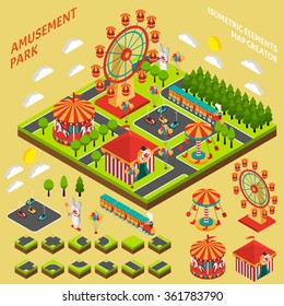 Amusement Park Attractions Elements Map Creator Isometric Symbols For Fairground Composition Banner Abstract Vector Illustration 