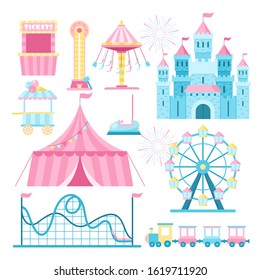 Amusement park attractions flat vector illustrations set. Cartoon ferris wheel, roller coaster and tickets booth. Fairground, funfair design elements pack. Circus tent, high striker, ice cream kiosk.