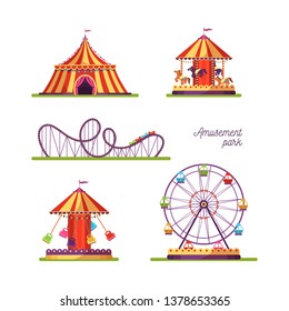 Amusement park attractions illustrations set. Merry go round vintage carousel isolated design element. Roller coasters, ferris wheel, swings. Funfair, carnival, festival flat vector cliparts pack