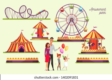 Amusement park attractions illustrations set. Merry go round vintage carousel isolated design element. Roller coasters, ferris wheel, swings. Funfair, carnival, festival flat vector cliparts pack