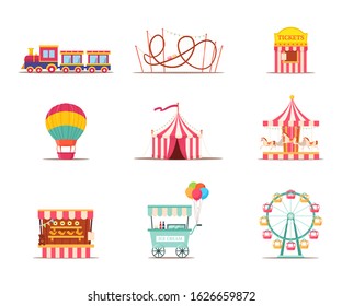 Amusement park attractions illustrations set. Merry go round vintage carousel isolated design element. Roller coasters, ferris wheel, swings. Funfair, carnival, festival flat vector cliparts pack