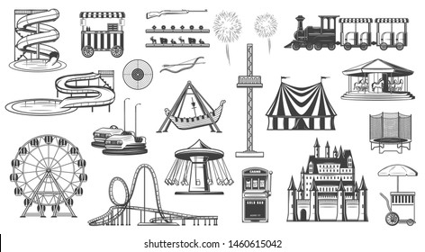 Amusement park attractions isolated monochrome icons. Vector entertainment elements, ferris wheel, carousel, roller coaster, popcorn ice cream machine. Aqua park and train, fireworks, shooting gallery