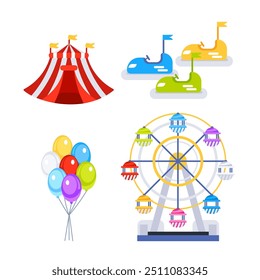 Amusement park attractions rides. Circus tent. Ferris wheel. Architecture entertainment elements.