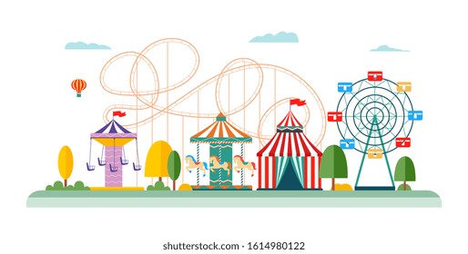 Amusement park attractions and rides vector flat illustrations isolated on white background for infographic design. Entertainment ferris wheel, carousel and circus.