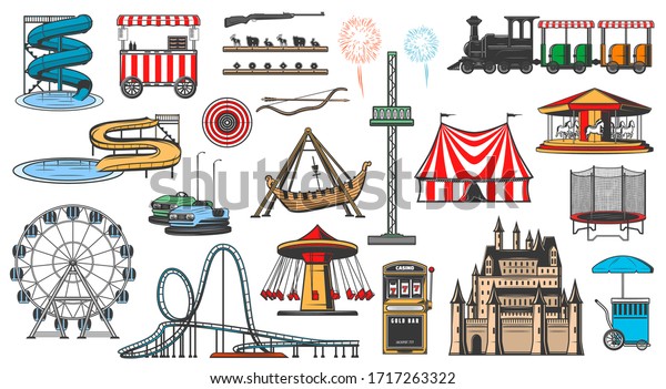 Amusement park attractions and rides, vector icons.\
Funfair carnival entertainment, aquapark water slides, karting and\
Ferris wheel, carousels, slot machine, fireworks and ice cream\
vendor cart